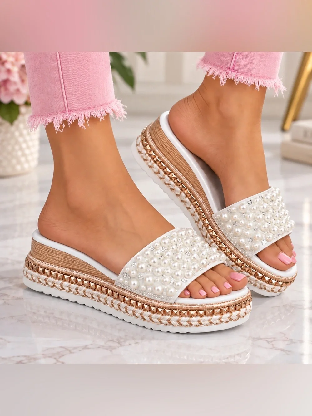 🤍 Pearl Embellished Platform Wedge Slide Sandals | Size 6.5 | New